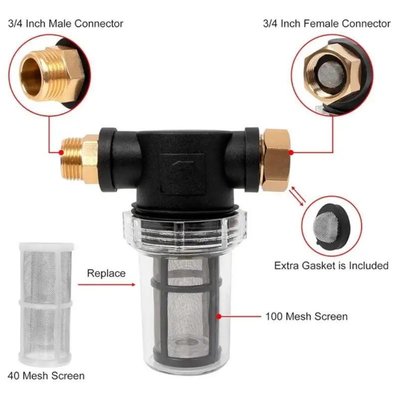 652F Inline Sediment Filter Strainer Set With Mesh Screens Compatibles With Garden Pressure Washers 3/4Inch Hose Connection
