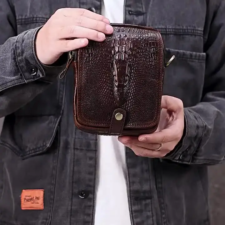 2026 Fashion Business Men's Genuine Leather Bag, New, Crocodile Pattern Shoulder Bag，small messenger bag