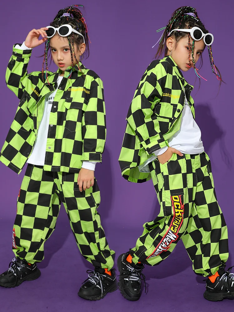 Fashion Kids Costume Green Checked Shirt Pants For Girls Jazz Dance Costume Hip Hop Clothing Boys Stage Performance Wear  BL9900