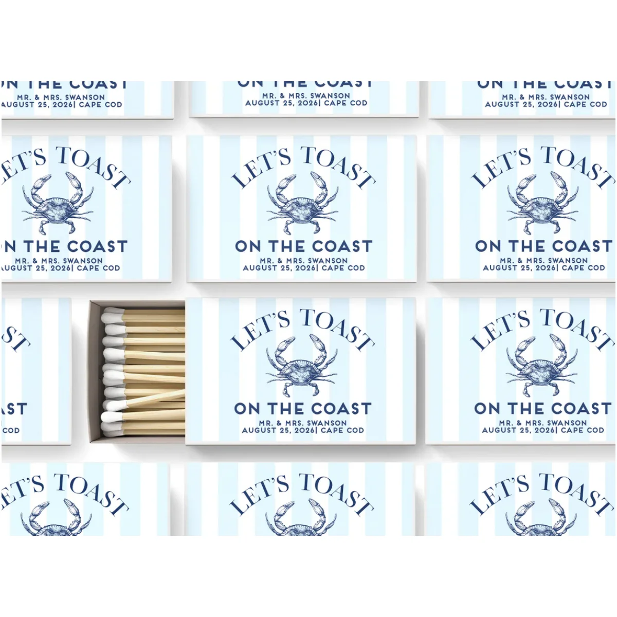 Beach Wedding Favors - Custom Matches SET OF 100 - Let's Toast on the Coast - Crab - Reception Favors - Beach Themed - BULK Matc