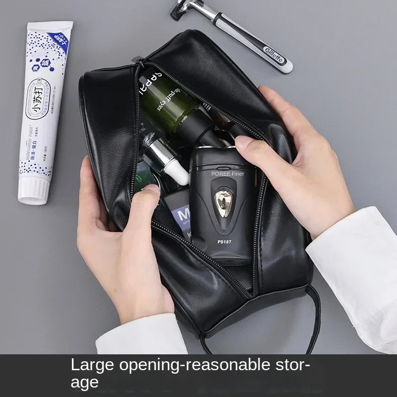 Men Leather Wash Bag Travel Business Trips Portable Cosmetic Bag Large Capacity Multi Pocket Design Handheld Leather Wash Bag