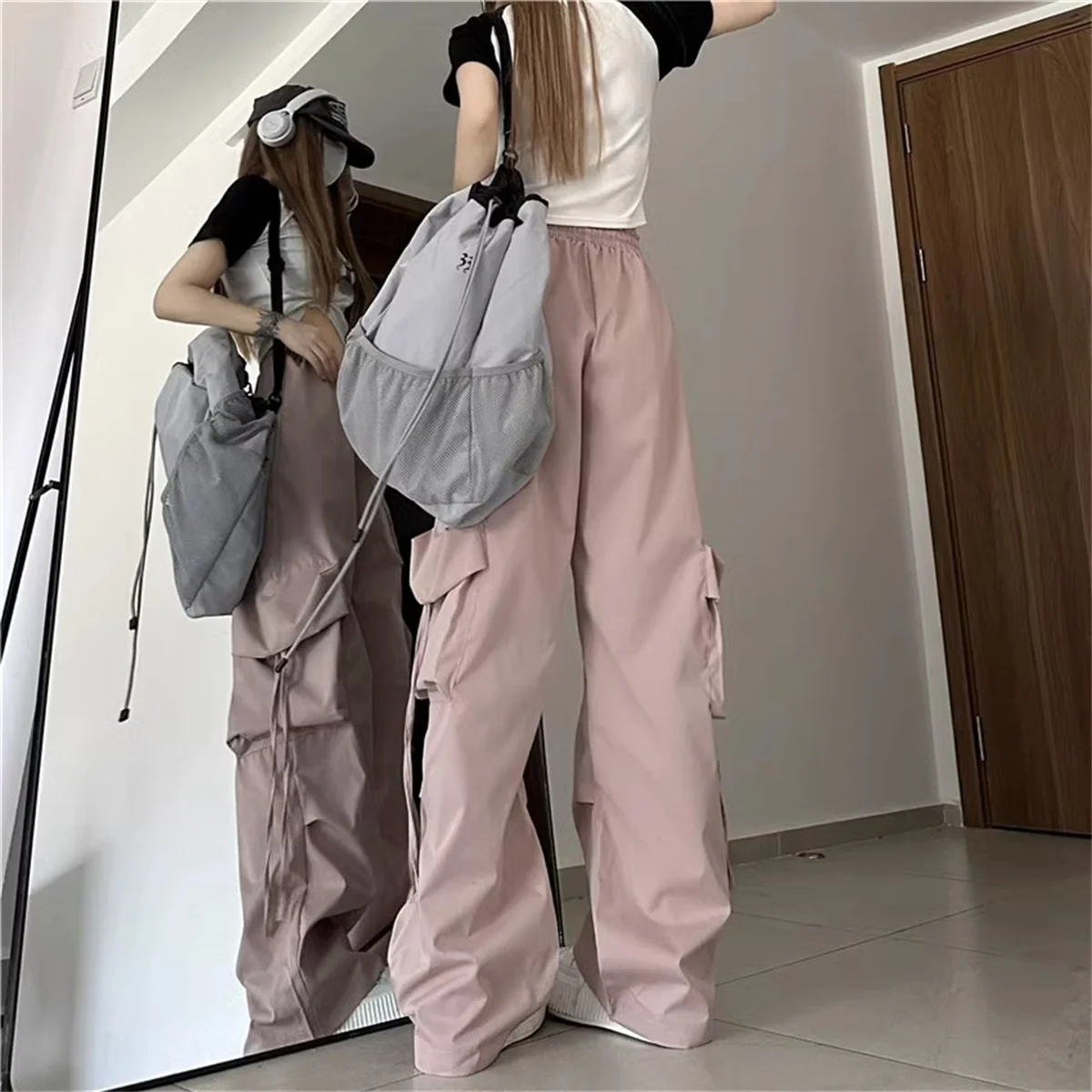 Grande taille femmes Cargo pantalon taille haute solide mode rue pantalon Vintage cordon poche pantalon ample décontracté Joggers vêtements