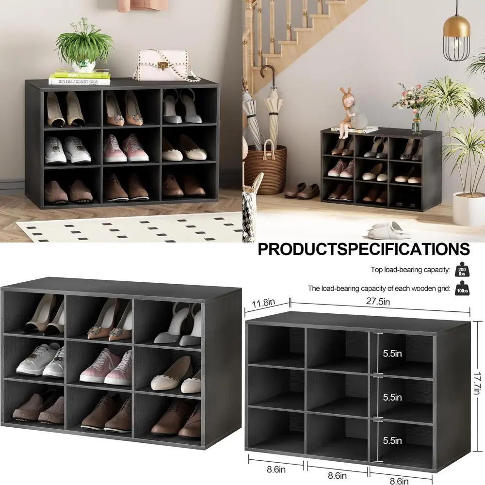 

3-х уровневая деревянная скамья для хранения обуви с 9 кубиками, шкаф-органайзер для прихожей, прихожей, шкафа и гаража - черный