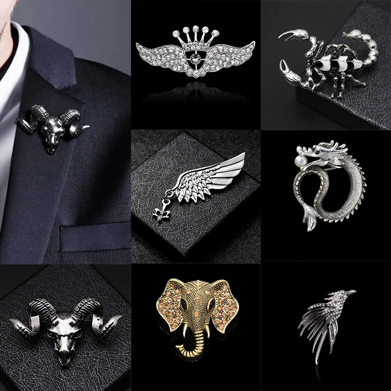 Fashion Retro Brooch Pin for Men Hawk Wing Crown Rudder Elk Owl Leaf Badge Suit Shirt Collar Accessories  British Style