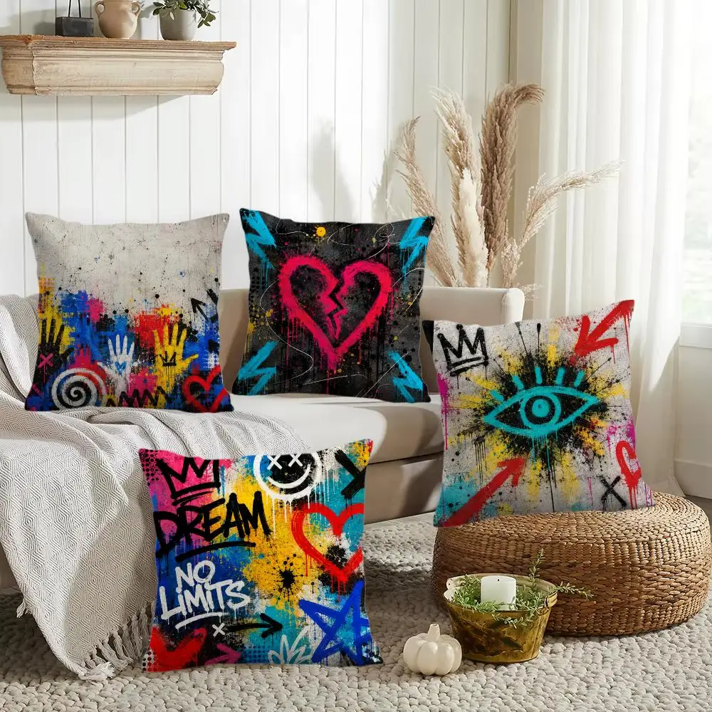 Urban Graffiti Dream Cushion Cover Silky Short Plush Invisible Zipper Dustproof Sofa Pillow Case for Home Decor