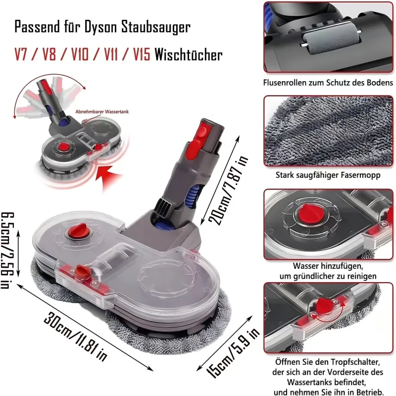 Mop Head for Dyson V7 V8 V10 V11 V15 Vacuum Cleaner Electric Mop Attachment with Detachable Water Tank and 6 Reusable Mop Pads