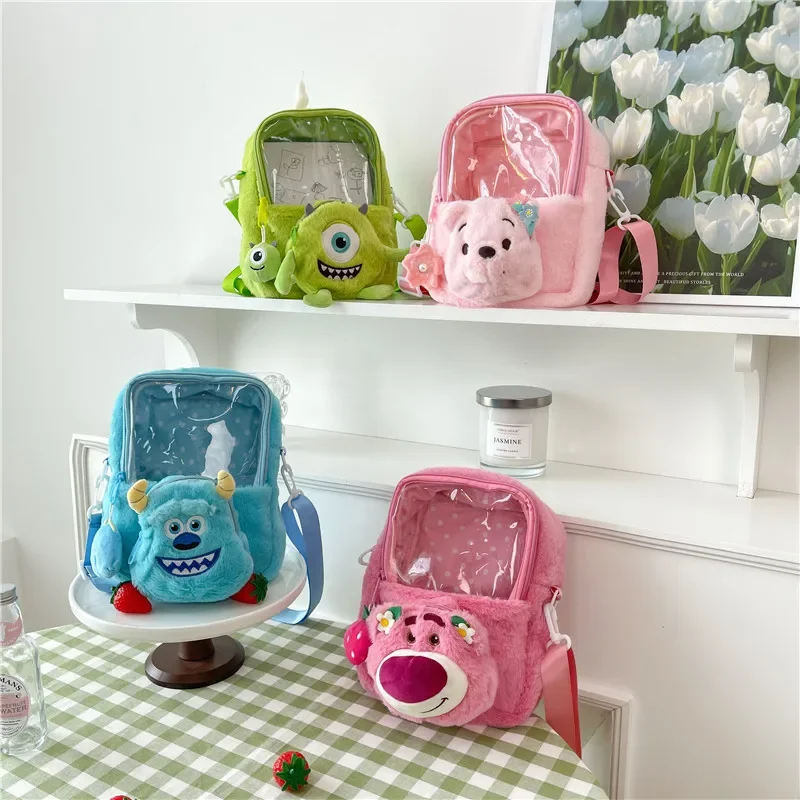 

22CM Disney Plush Jelly Bag Mr.Q Cartoon Translucent Crossbody Bag Cute Portable Lotso Plush Doll Bag Children's Carry-on Bag