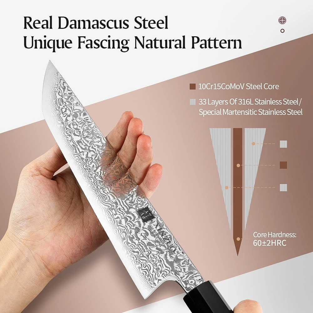 XINZUO 8.5 inch High Quality Sakimaru Knife 10Cr15CoMov Steel Core Damascus Steel Slicing Knife With Buffalo Horn Handle