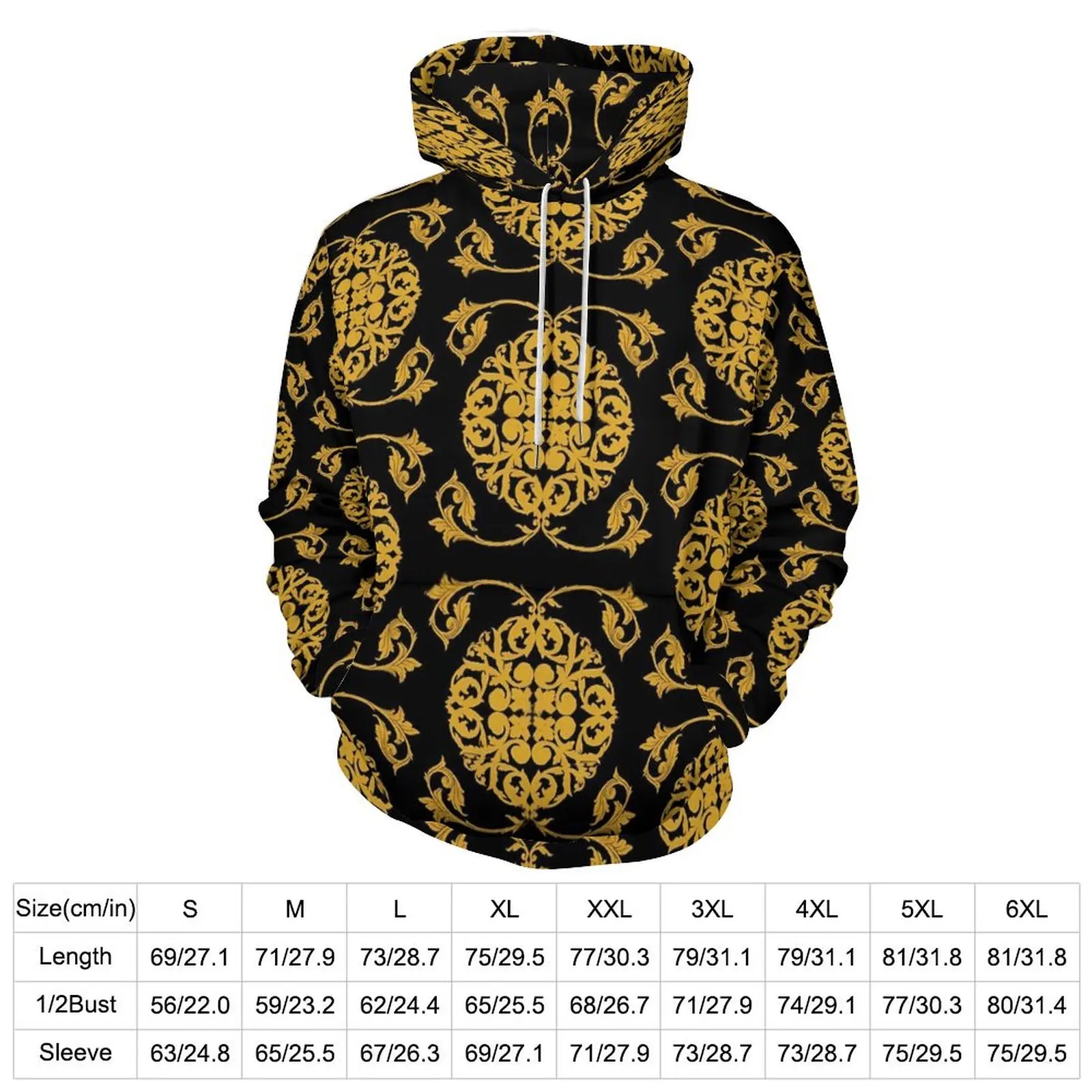 Gold Baroque Loose Hoodies Vintage Print Casual Hoodie Couple Long-Sleeve Aesthetic Printed Hooded Sweatshirts Plus Size 4XL 5XL