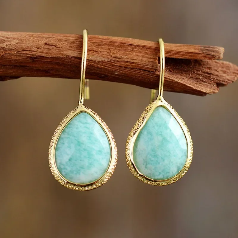 

Fashionable Retro Ethnic Amazonite Natural Stone Copper Water Droplet Earrings for Women Party Vacationing Girl Gift Jewelry