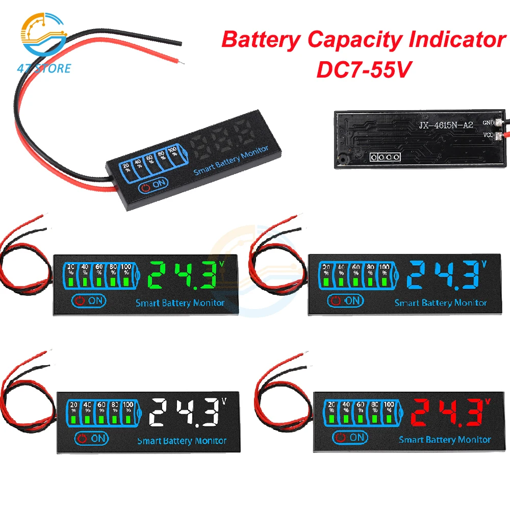 DC7-55V Battery Capacity Indicator Power Display Panel LED Display 18650 Lithium Lead Acid Battery Capacity Voltage Meter Module