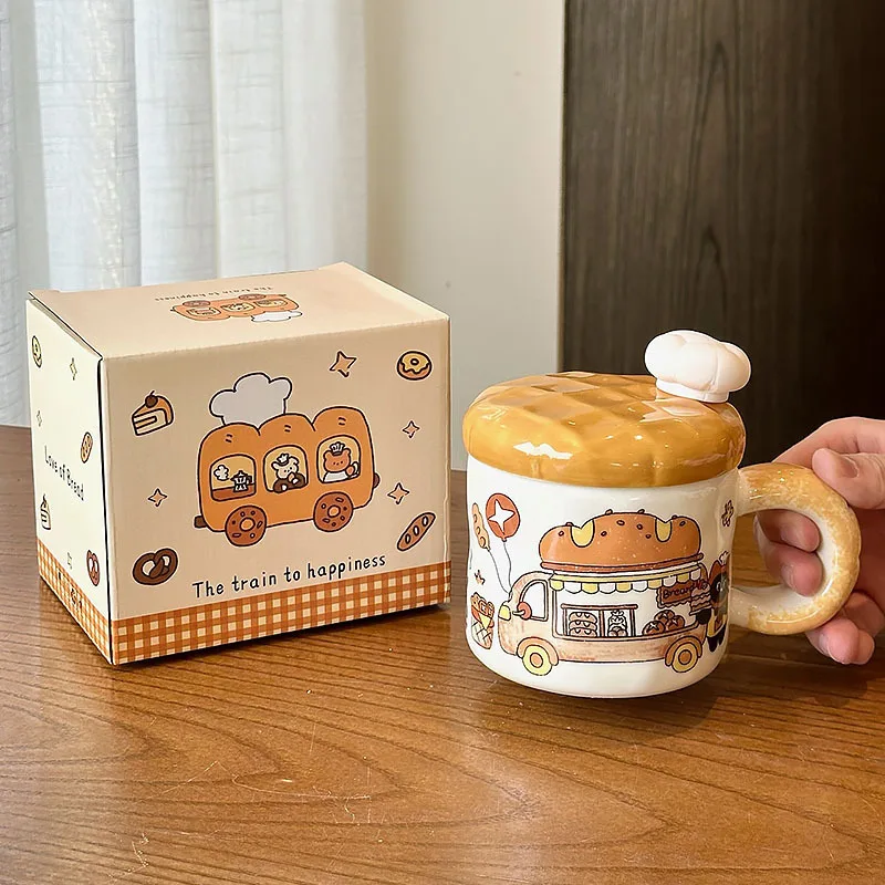 Bread Cat Creatieve Waterbeker Vrouwelijke Hoge Kwaliteit Keramische Mok met Deksel Thuis Drinkwater Verjaardagscadeau