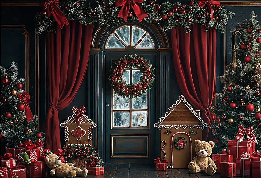 Mehofond Photography Backdrop Arched Window Red Curtain Family Festival Christmas Wreath Gingerbread House Bear Decor Background