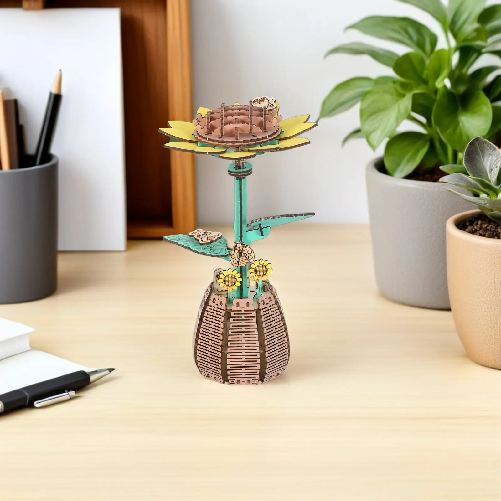 1 Zestaw Drewnianego Puzzle 3D Słonecznik DIY do Samodzielnego Montażu dla Dzieci i Dorosłych, Ręcznie Składany, Kwiatowy, Dekoracyjny, na Stół, Drewniany