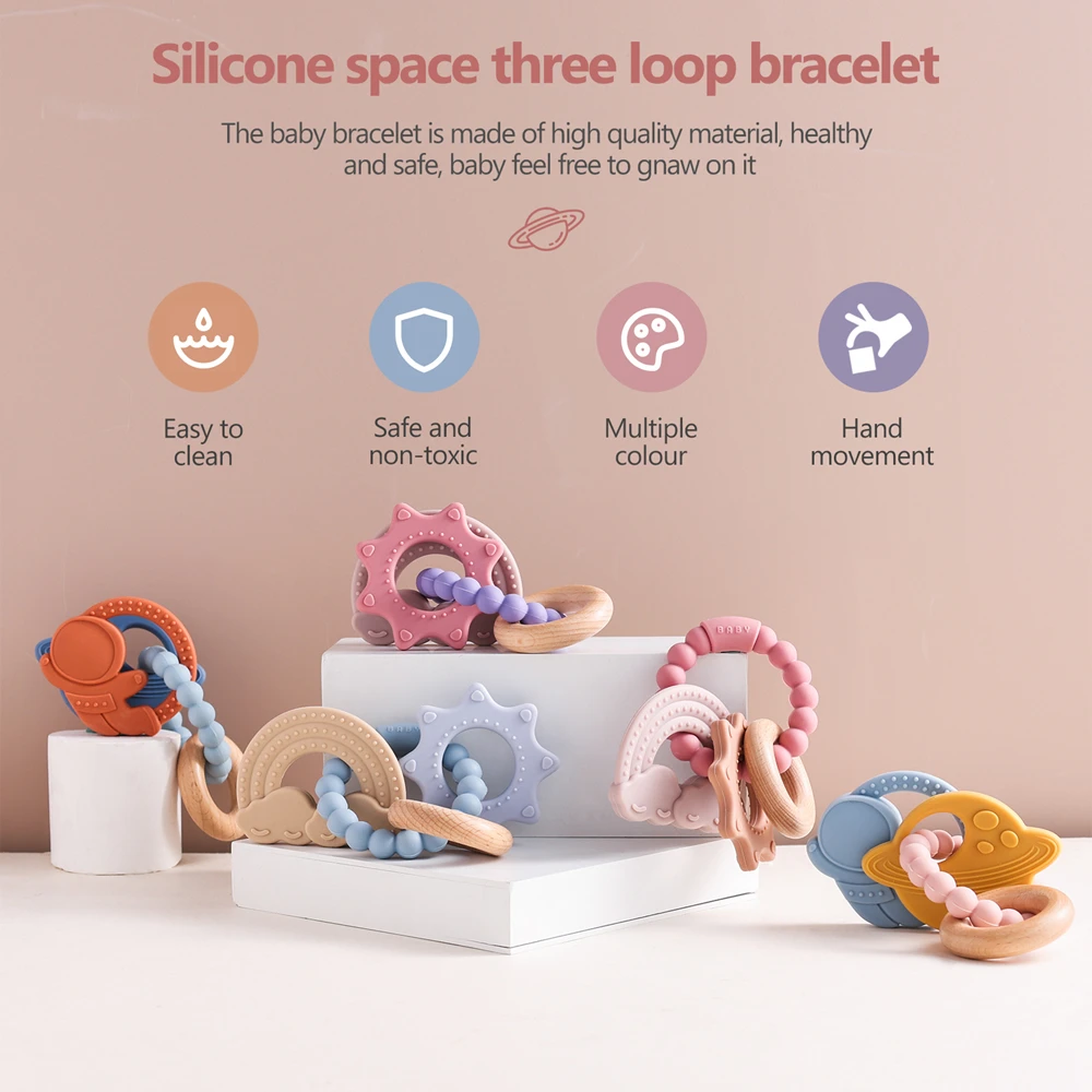 Silicone Space Teething Bracelet for Baby Food Grade Safe Baby Teether Non Toxic Easy Clean Rich Colors Hand Exercise Baby Toys view 2
