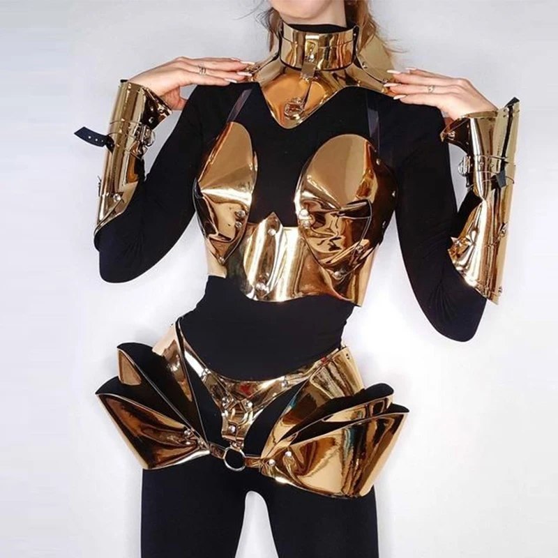 Gold Armor Singer Stage Costume Club Bar Gogo Dancer Outfit Rave Festival Luxury Singer Performance Wear