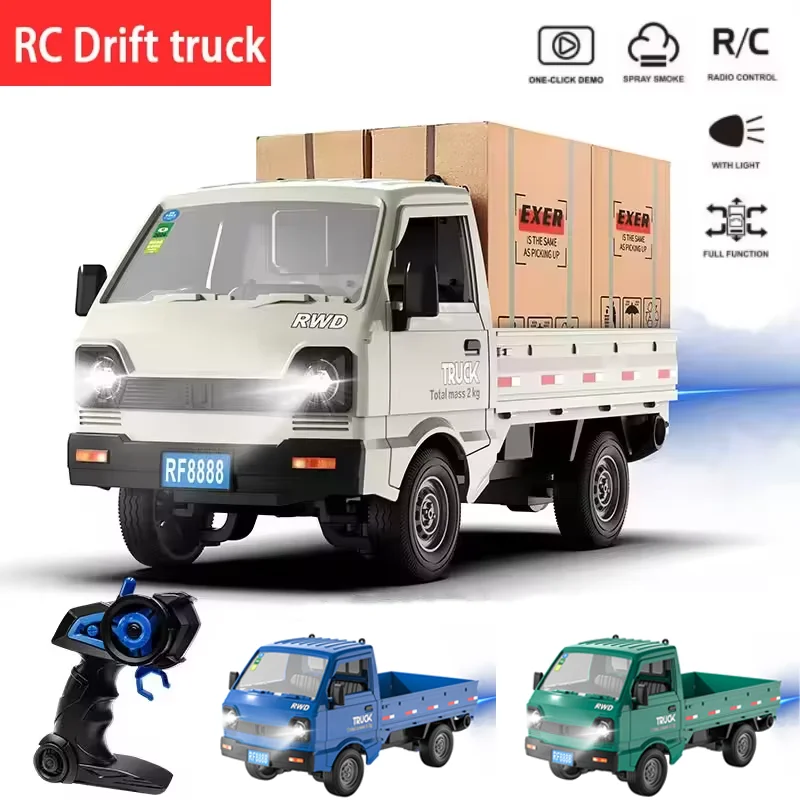 New RC Cars KF21 1/16 Scale Mini Cargo Truck With Spray Lights Drift Function Remote Control Model Vehicle Toys Children's Gifts