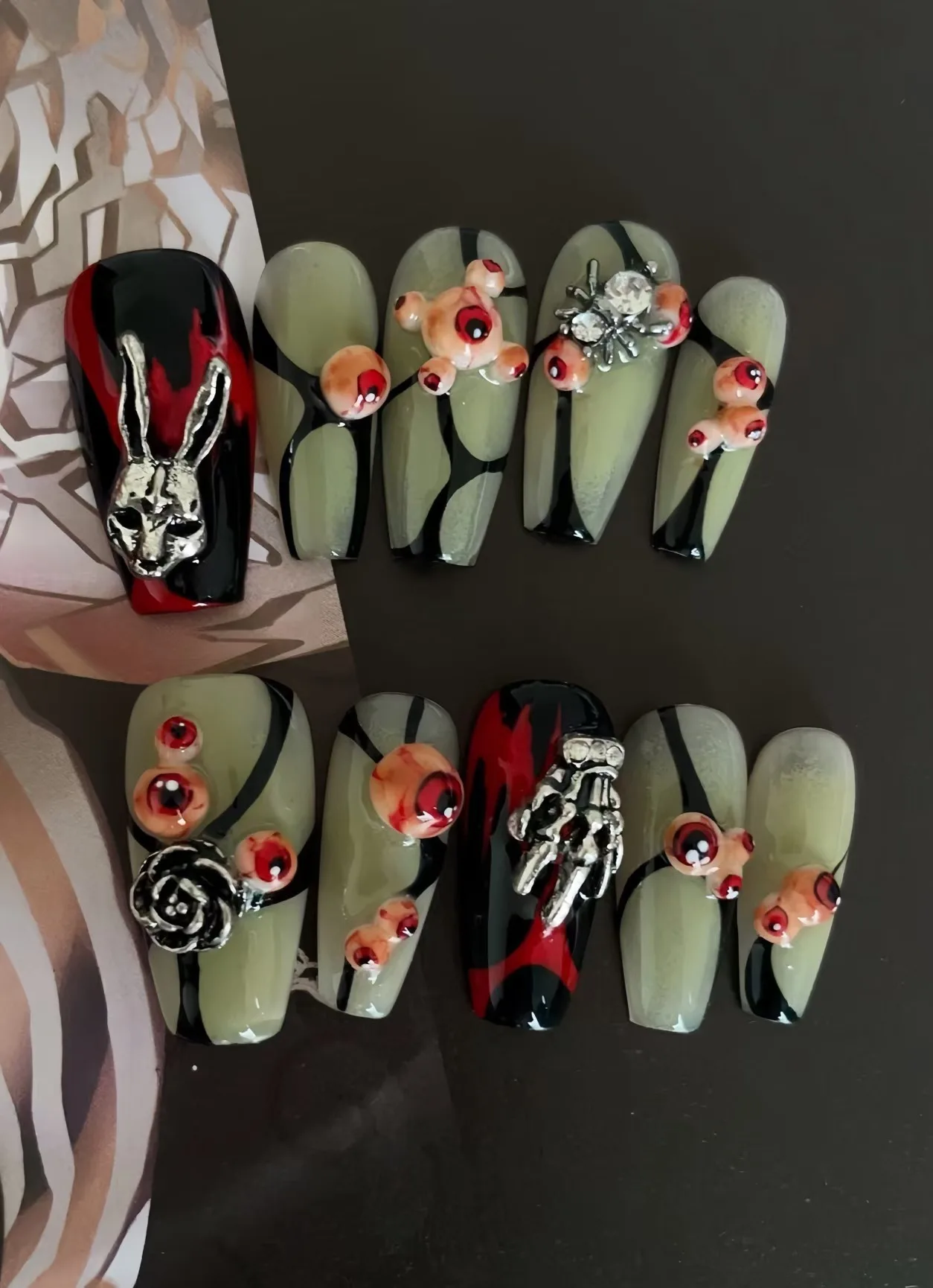 10Pcs Colour Y2k Fake Nails with Diamond Halloween Long Almond False Nails Butterfly Design Wearable Oval Press on Nails Tips