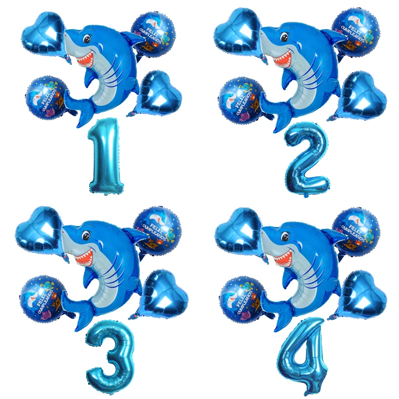 6pcs Digit Shark Aluminum Film Balloon Suit Children Birthdays Party Decoration Supplies Baby Bathing Children Toys Anniversary