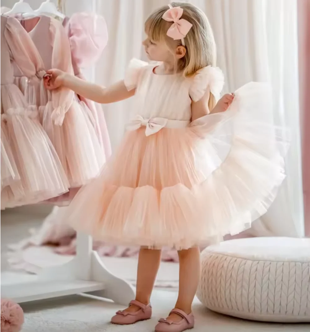 

Customized pink Flower Girl Dress Tulle With Bow Sleeveless For Wedding Birthday Party Banquet Pageant Holy Communion Gowns