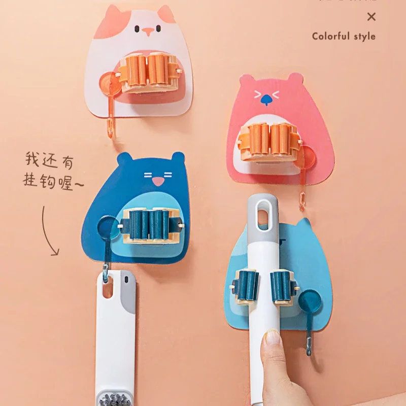 Wall Mounted Hooks Mop Organizer Holder Adhesive Cute Cat Multi-Purpose Room Hanger Strong Hooks Kitchen Bathroom Broom Clip