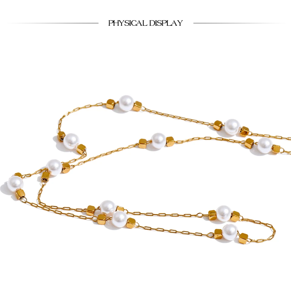 Yhpup Waterproof Stainless Steel Simulated Pearls Square Thin Chain Necklace Waterproof Fashion Chic Jewelry 2025 Accessories