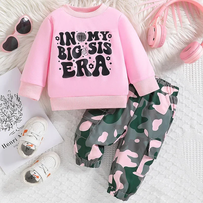 

2Piece Spring Autumn Girls Outfit Sets Korean Fashion Letter Long Sleeve Pink Baby Tops+Print Pants Boutique Kids Clothing B067