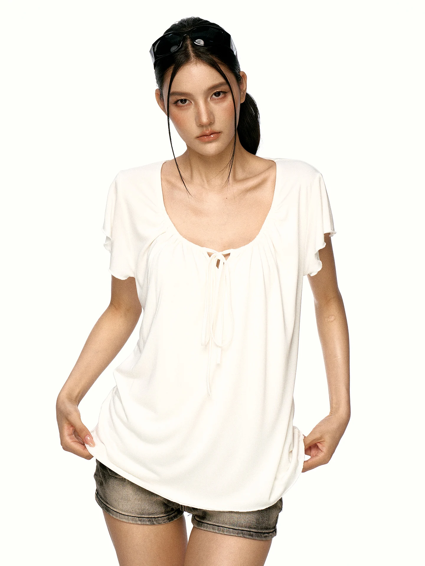 Aaisup Korean Style Loose Fit T-Shirt Women's Summer Casual Top with Tie U-Neck Short Sleeve Versatile Comfortable Loose Feeling