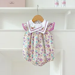 Embroidery Baby Girls Flower Bodysuit Infant Cute Purple Floral One Piece Toddler Infant Sweet Outwear Clothes Jumpsuits