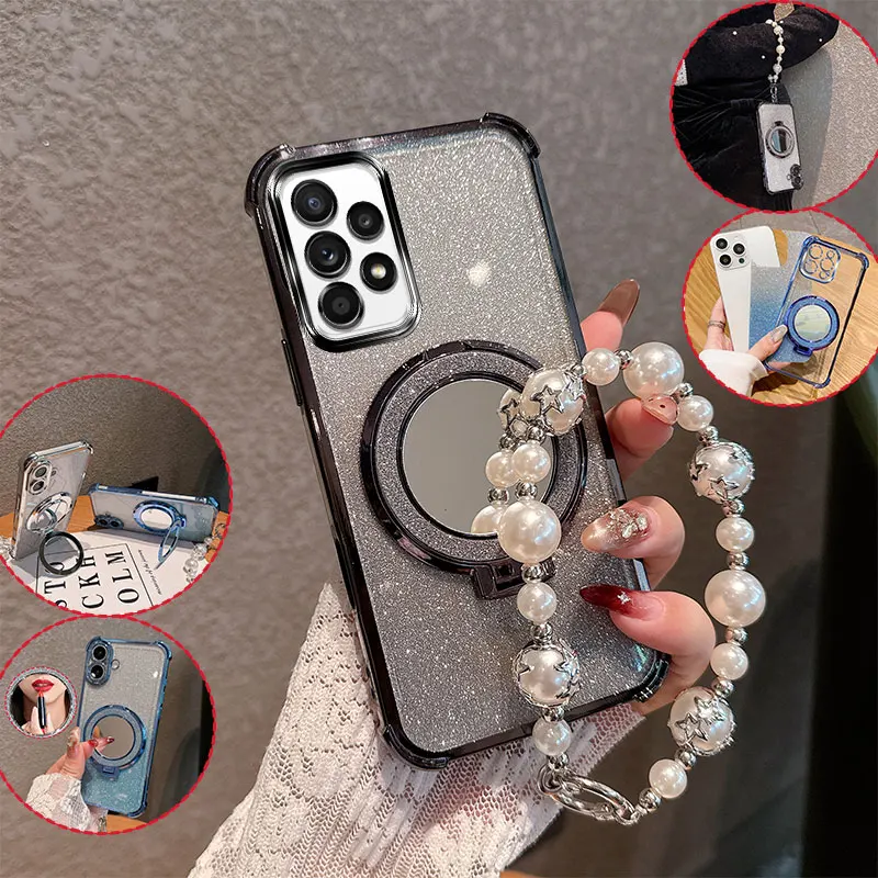 Bling Glitter Lipstick Mirror Stand Phone Case For Samsung Galaxy A52 52 4G A52s 5G With Pearl Chain Anti-drop Shockproof Cover