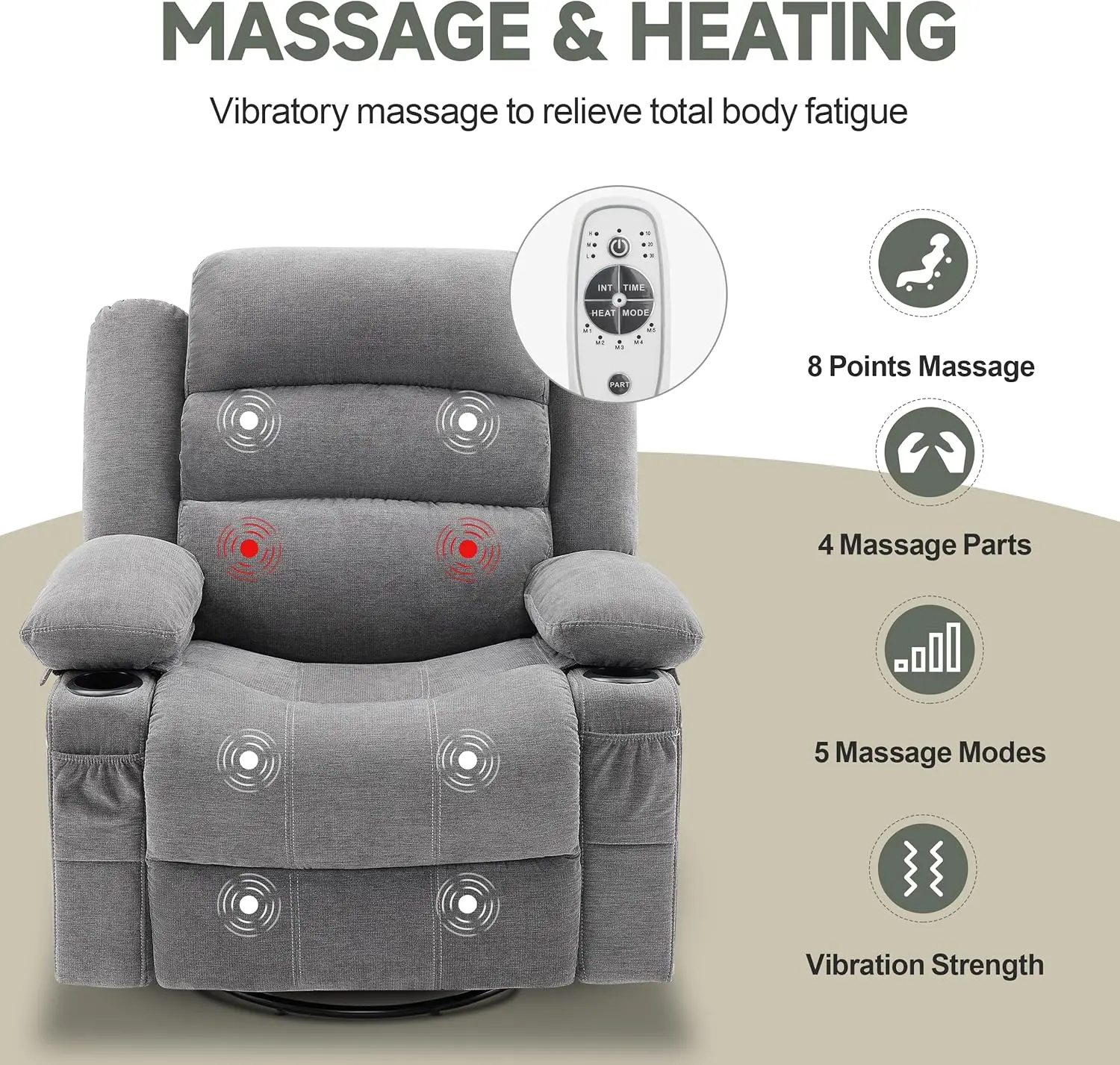 Chair with Heat and Massage, 360° Swivel Recliner Chairs for Adults, Oversized Recliner Single Sofa Seat with Cu