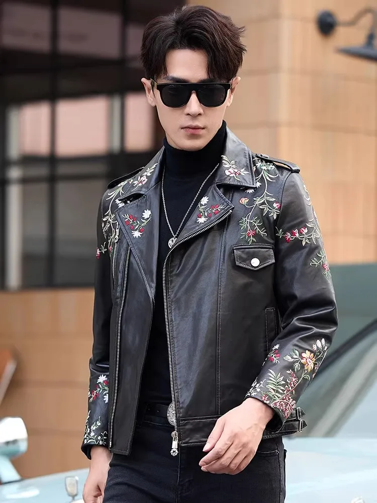 Fashion Mens Floral Embroidery Real Goatskin Punk Stage Show Jacket Slim Fit Genuine Leather Jackets New Motorcycle Biker Coat