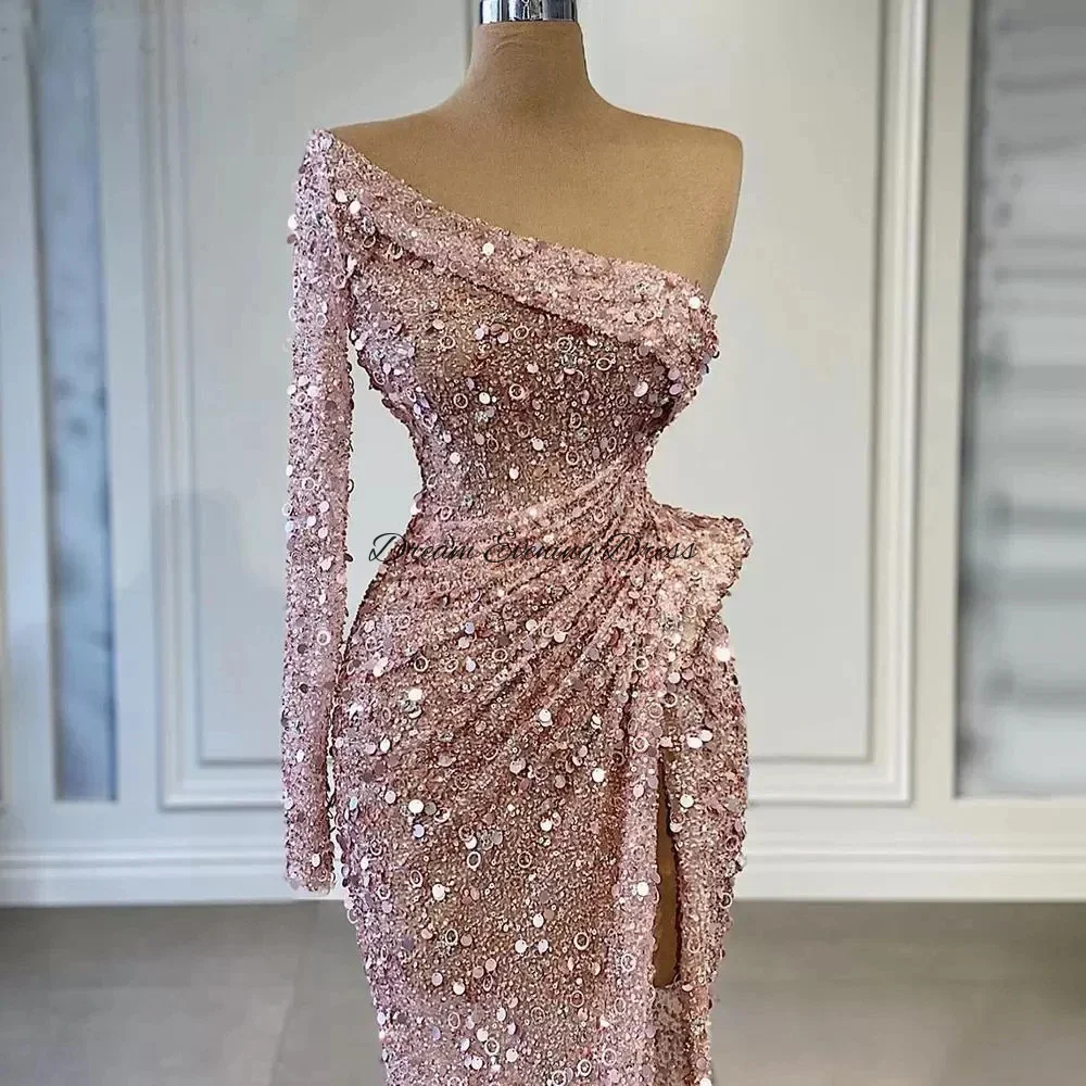 Elegant 2023 Pink Sequins One Shoulder Sleeve Evening Gowns Sweet Mermaid Pleated Side Split Prom Dresses vestidos de noche