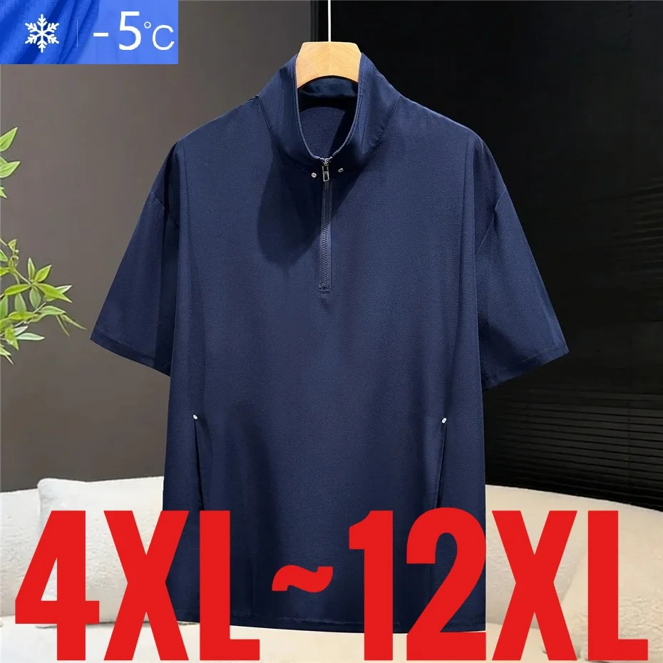 Extra große Herren-T-Shirts aus Eisseide mit halbem Reißverschluss, kurzärmelig, kühlend, Übergrößen 6XL, 7XL, 8XL, 9XL, 10XL, elegant, schnelltrocknend