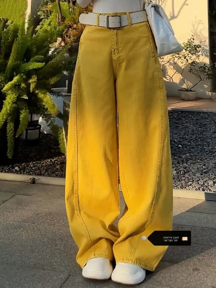 

Yellow Wide Leg Loose Fit Jeans Women's High Street Style Summer New Floor Length Pants American Style Low Waist Zipper