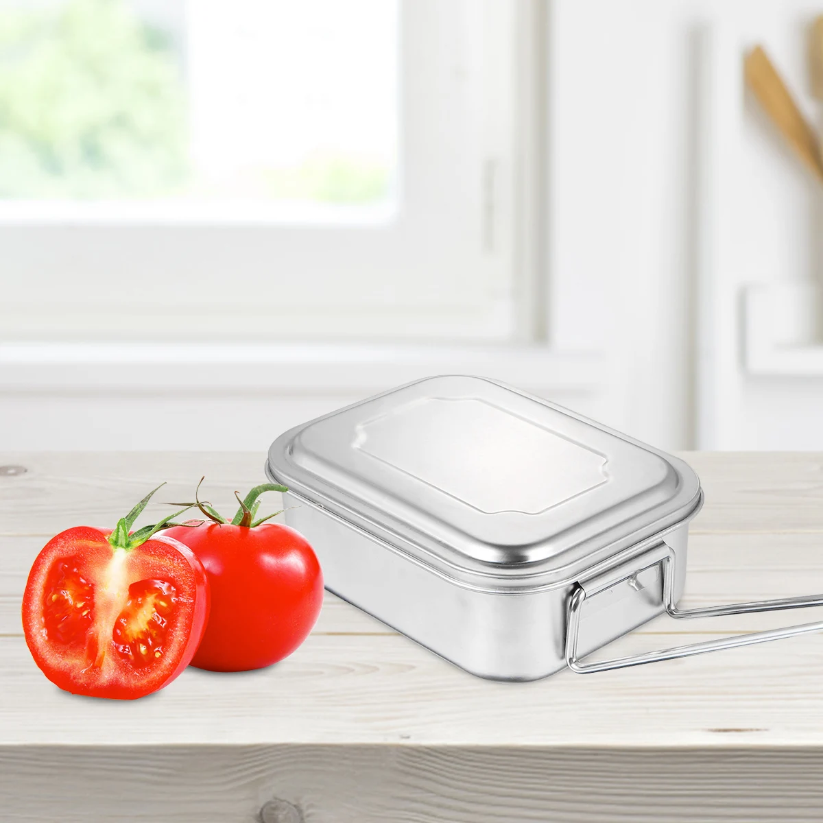 

Stainless Steel Lunch Box With Lid Food Container Corrosion Heat Resistant Foldable Handle For Office Kitchen Camping