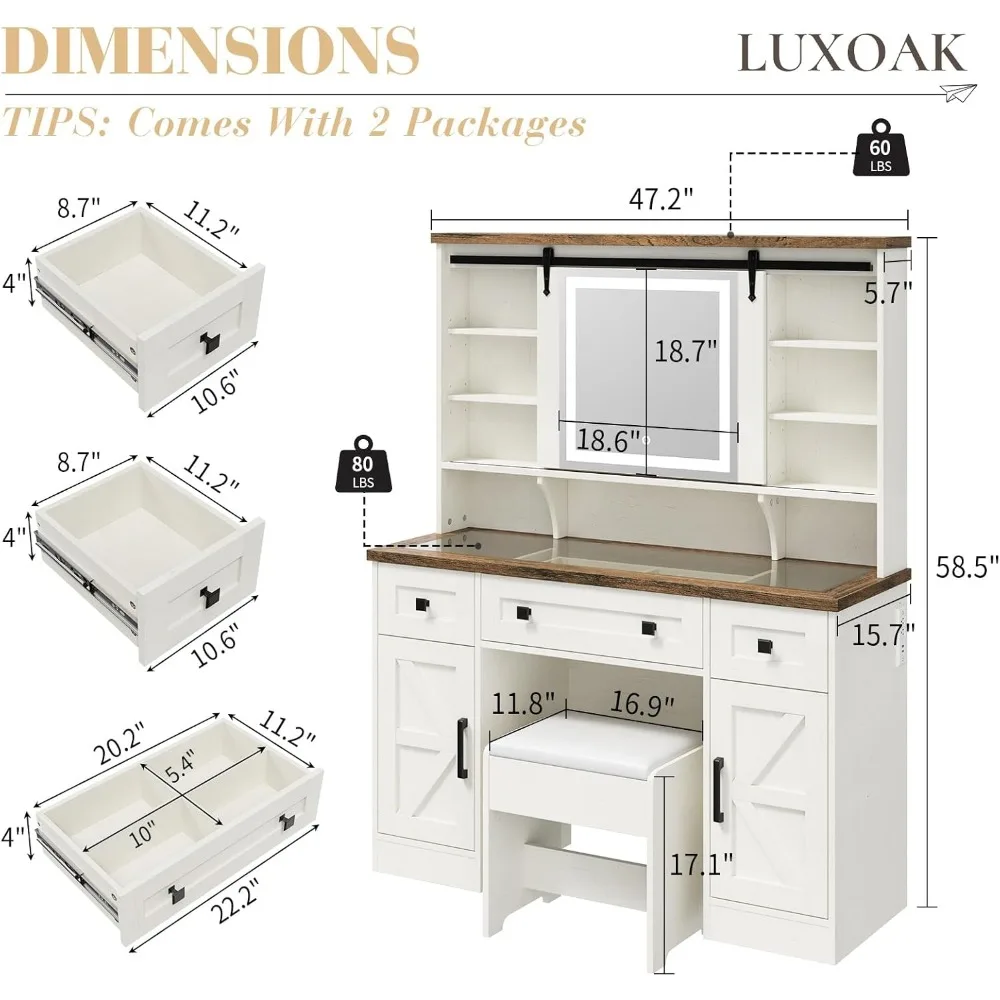 Makeup Vanity Desk, Sliding Mirror and Lights 47'' Glass Tabletop Vanity Table with Charging Station, Large Vanity Set Dressers