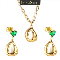 LUXUSTEEL Vintage Necklace Earrings Jewelry Sets For Women Ladies Stainless Steel Geometric Irregular Green Crystal Heart Studs