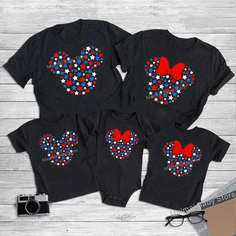 Économie assortis pour la famille Minnie Mouse Head, papa, colonne vertébrale, t-shirts pour enfants, look Y, Disneyland, tenues de vacances, drôle, nouveau, 4 juillet
