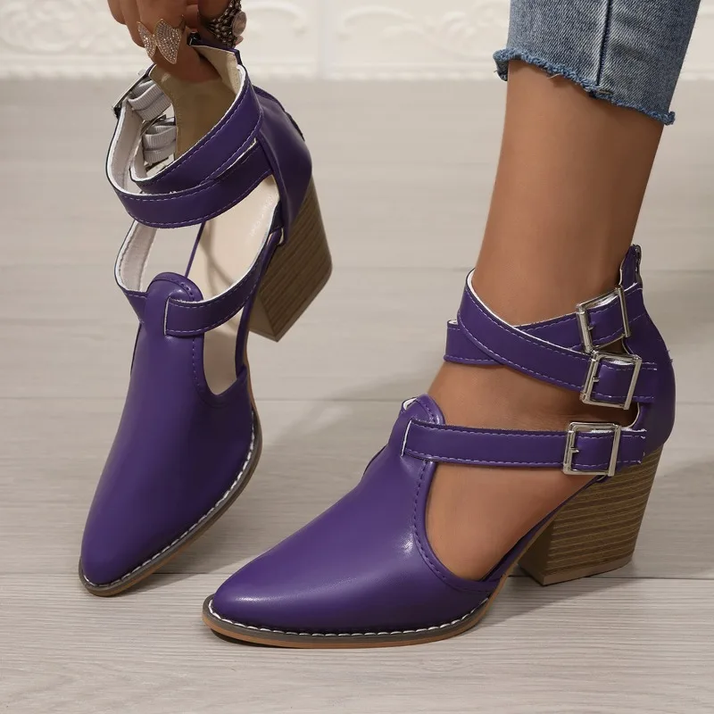 

Romans Autumn New Pointed Toe Shallow Mouth One Strap Hollow Non-Slip Wear-Resistant Block Heel Shoes Women Footwear Pumps