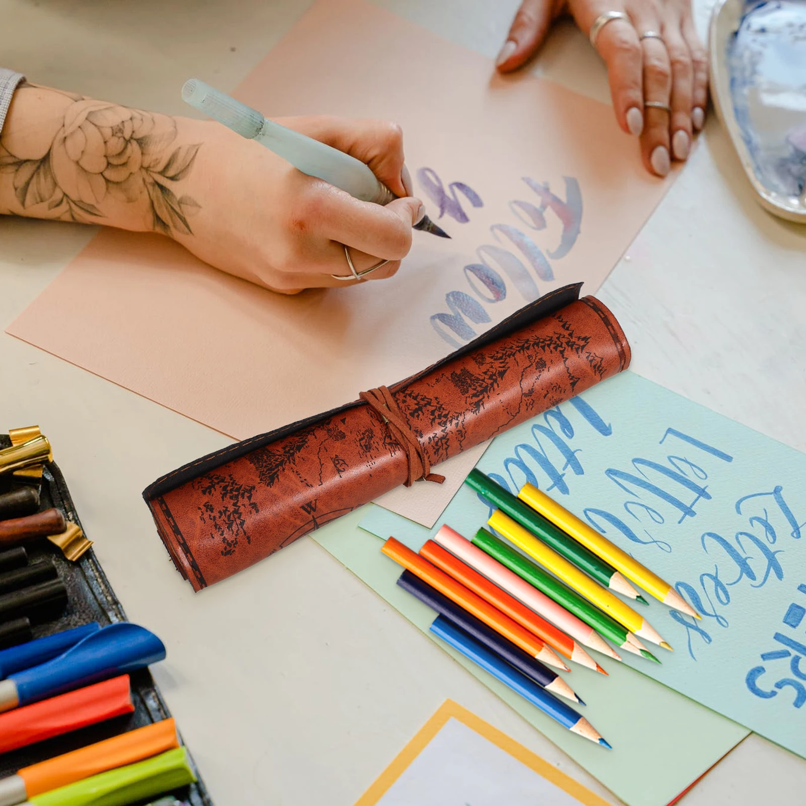 

Retro Canvas Pencil Case Dark Brown Design Large Capacity Pen Bag Roll Up Organizer For Stationery