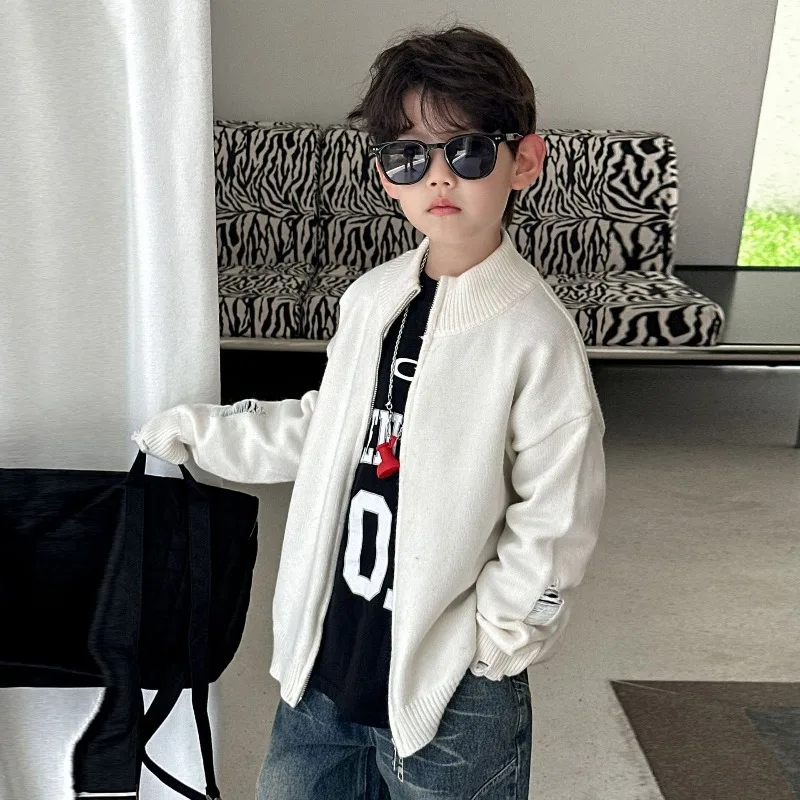 

Boys' Knitted Sweater Cardigan 2025 Autumn New Item, Children's Solid Color Jacket, Children's Long Sleeved Top for Ages 3-12