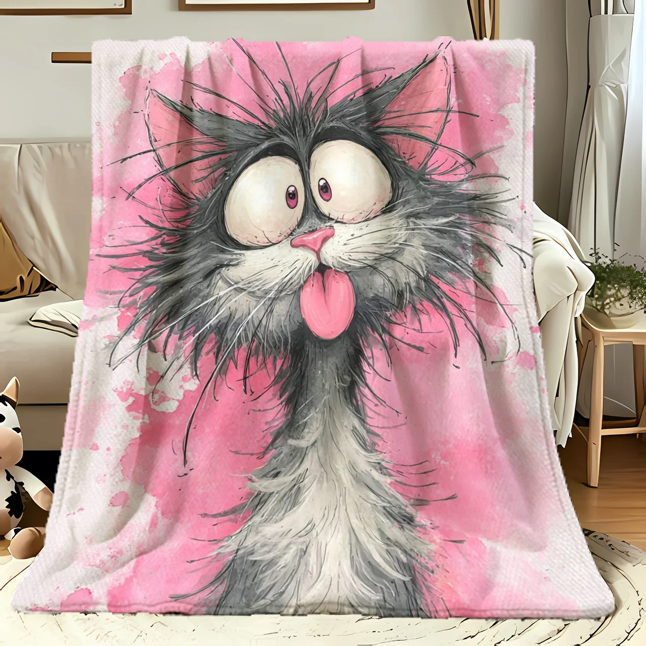 Funny Crazy Fluffy Cat Pink Watercolor Print Flannel Blanket, Soft Warm Bed Blanket for Sofa Bedroom Camping Pet Lover Gift