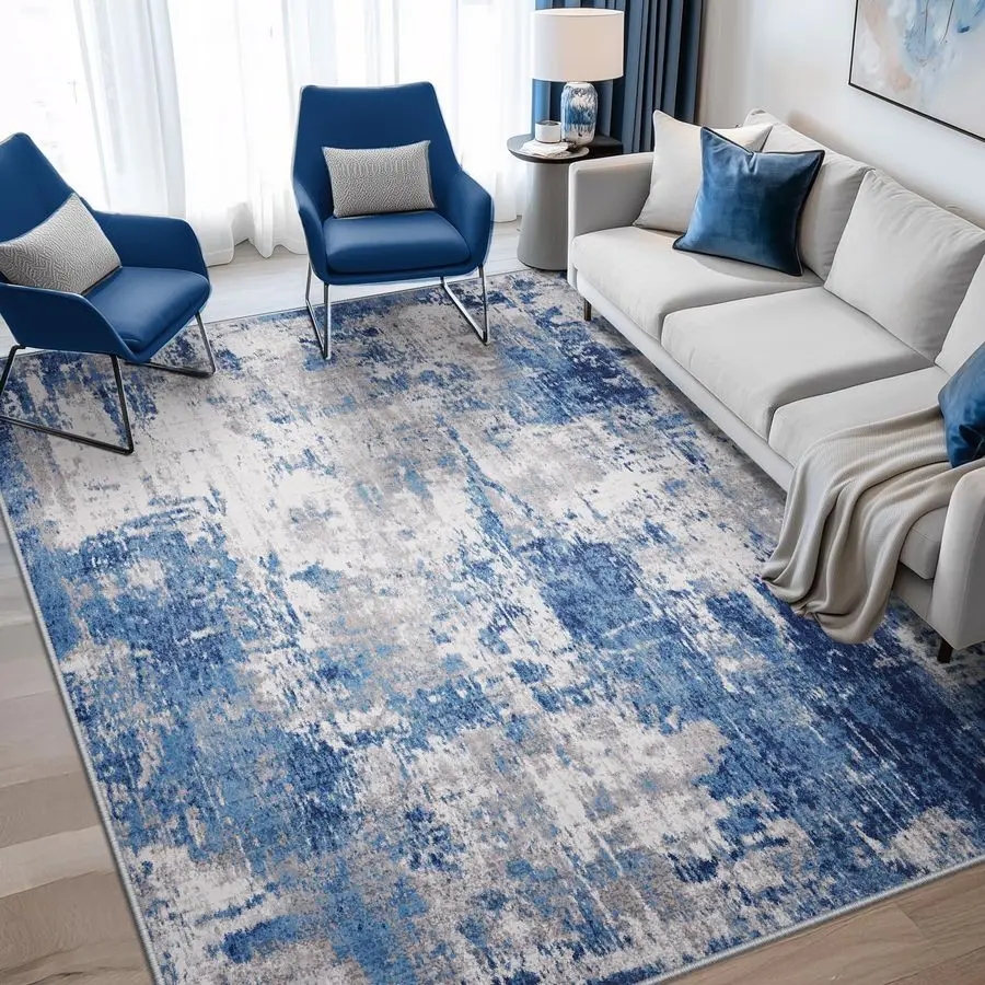 

Washable Area Rugs 5x7 NonSlip Modern Abstract Soft for Living Room Entryway Bedroom Nursery, Print Pattern, Blue Grey Navy Gray