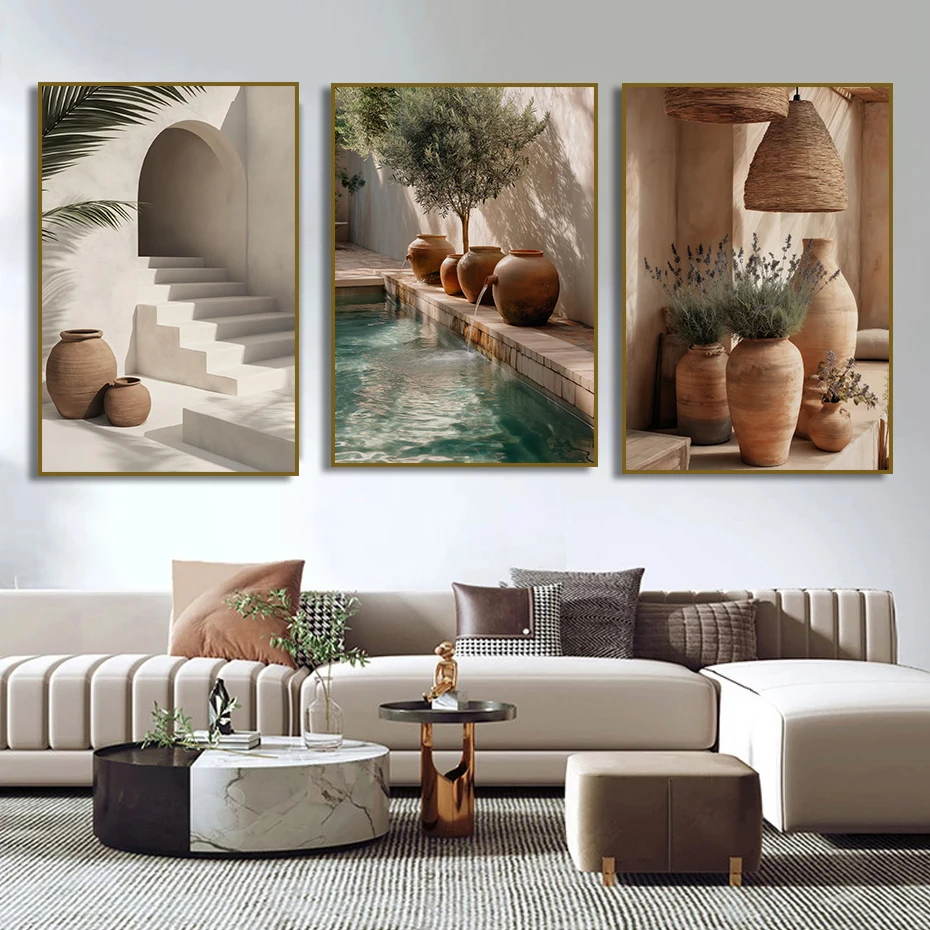 Boho Olive Tree Terracotta Vase Poster Mediterranean Arch Architectural Canvas Painting Print Wall Art Living Room Home Decor