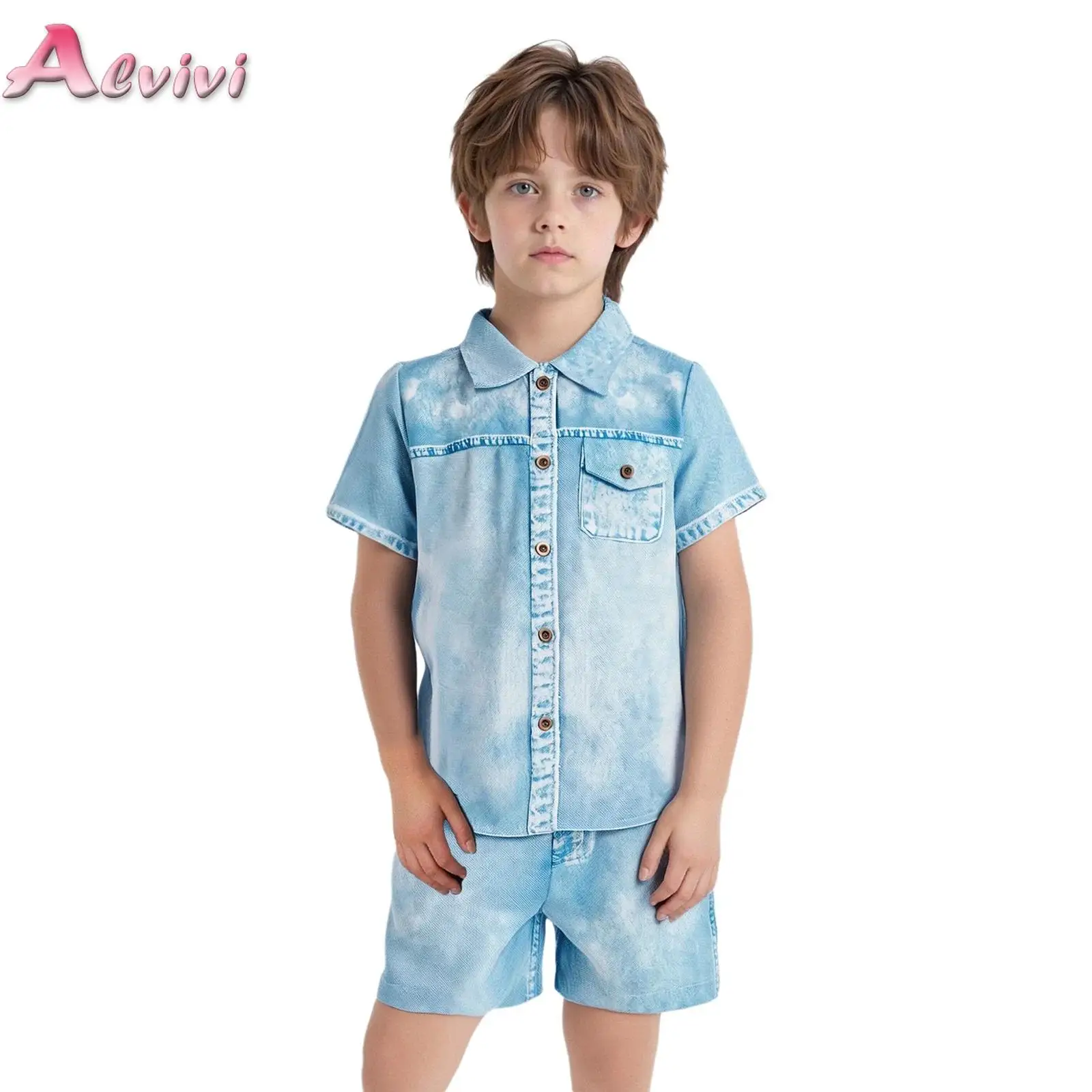 

Kids Boys Imitation Denim Two-Piece Set Turn-Down Collar Short Sleeves Shirt With Shorts For Holiday Weekend Birthday