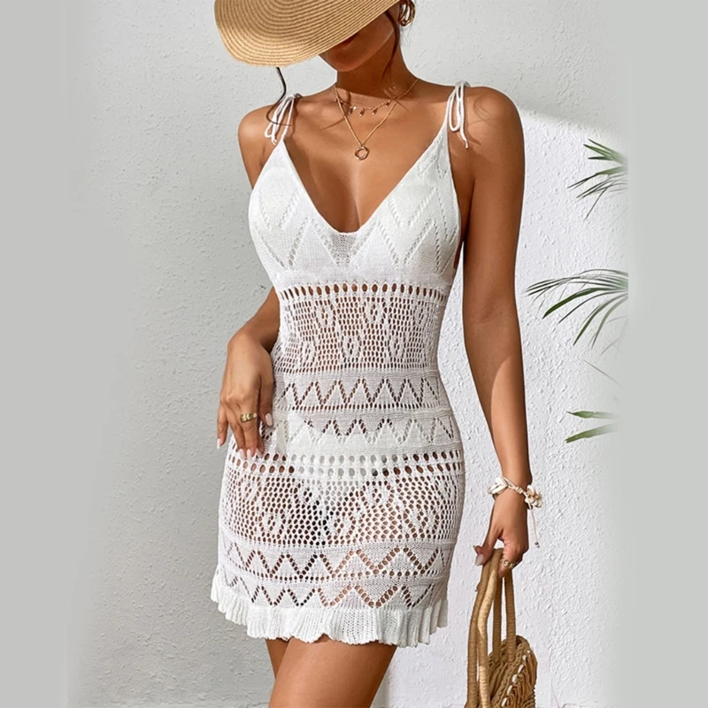 2023 New Womens Deep V-neck Beach-Dress Summer Swimsuits Cover Up Crochet Bikinis Cover Up Sexy Hollow out Bathing Suit Cover Up