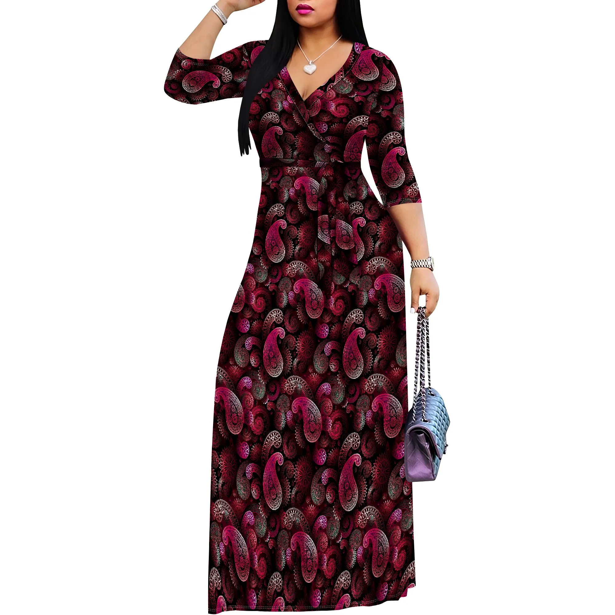 

Women's Floral Print Maxi Dresses Summer with Pockets Casual 3 4 Sleeve V-Neck Wrap Tie Waist Long Dress
