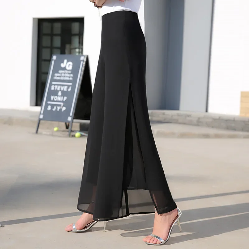 2024 Chiffon Culottes High-Waisted Trousers L Skirt Gauze Loose Shuai Ku Straight Casual Pants Slit Wide Leg Pants Female