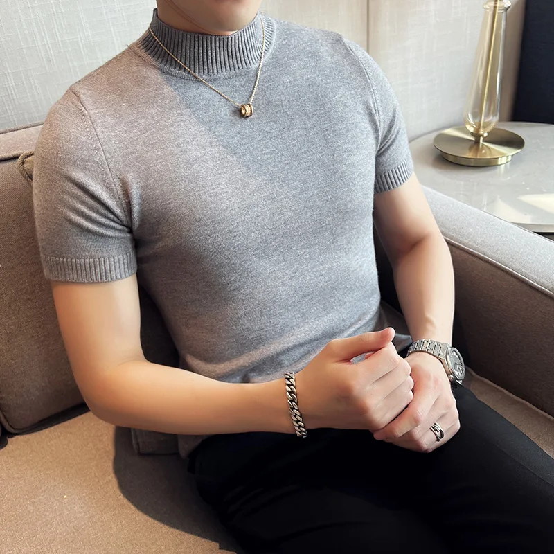 

2024 Spring Half High Neck Short Sleeve Knitted Sweater Men Slim Fit Solid Pullovers Casual Stretched Tee Shirt Streetwear Homme